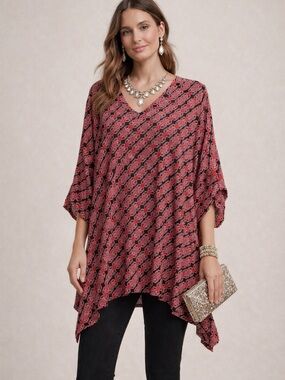 Tacera Pink and Black Patterned V-Neck Women’s Top size 2X